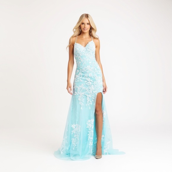 Jovani Dresses & Skirts - Jovani Turquoise Long Appliqued High Slit Sheath Gown NEW Size 4 Mermaid JVN